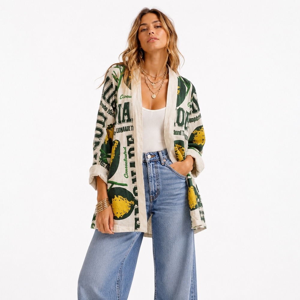Kimono Jacket Cardigan Cover Up‎ Lemon Print Cotton